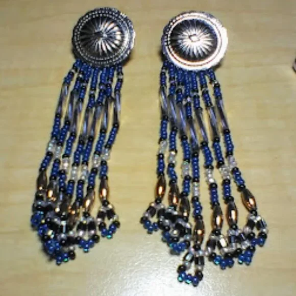 Silver Tone Blue Glass Beads Pierce Earrings 3" Long - Picture 8 of 10